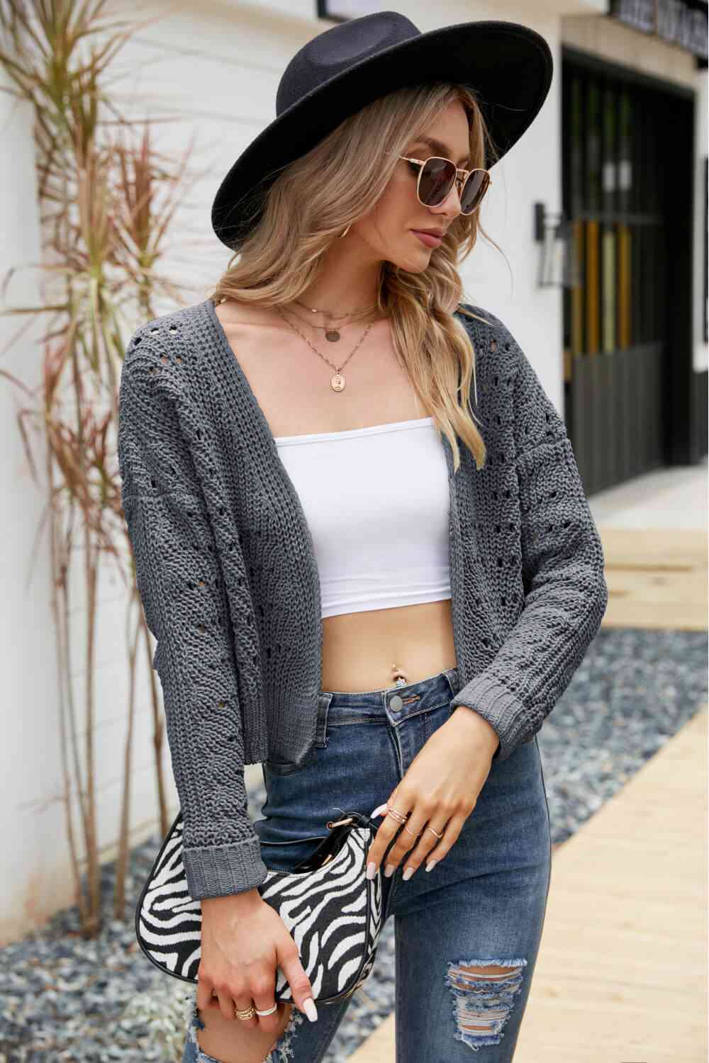 Open Front Cuffed Cropped Cardigan - TRENDMELO