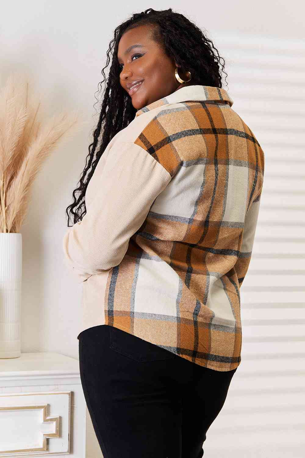 Double Take Plaid Print Dropped Shoulder Shirt - TRENDMELO