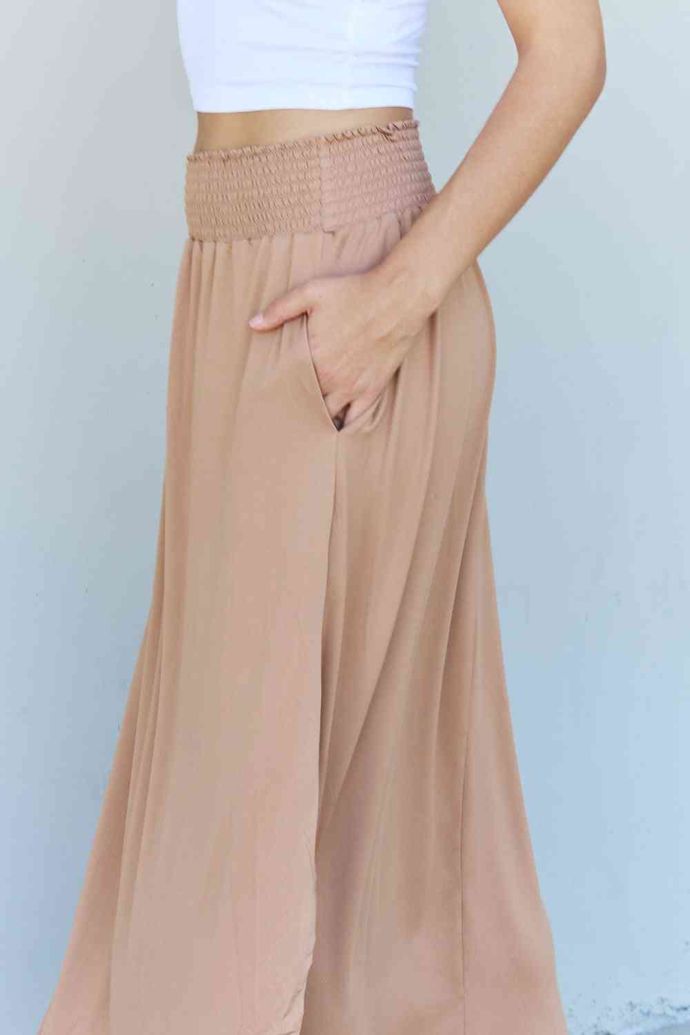 Doublju Comfort Princess Full Size High Waist Scoop Hem Maxi Skirt in Tan - TRENDMELO