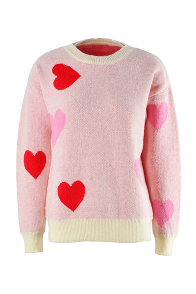 Heart Round Neck Droppped Shoulder Sweater - TRENDMELO