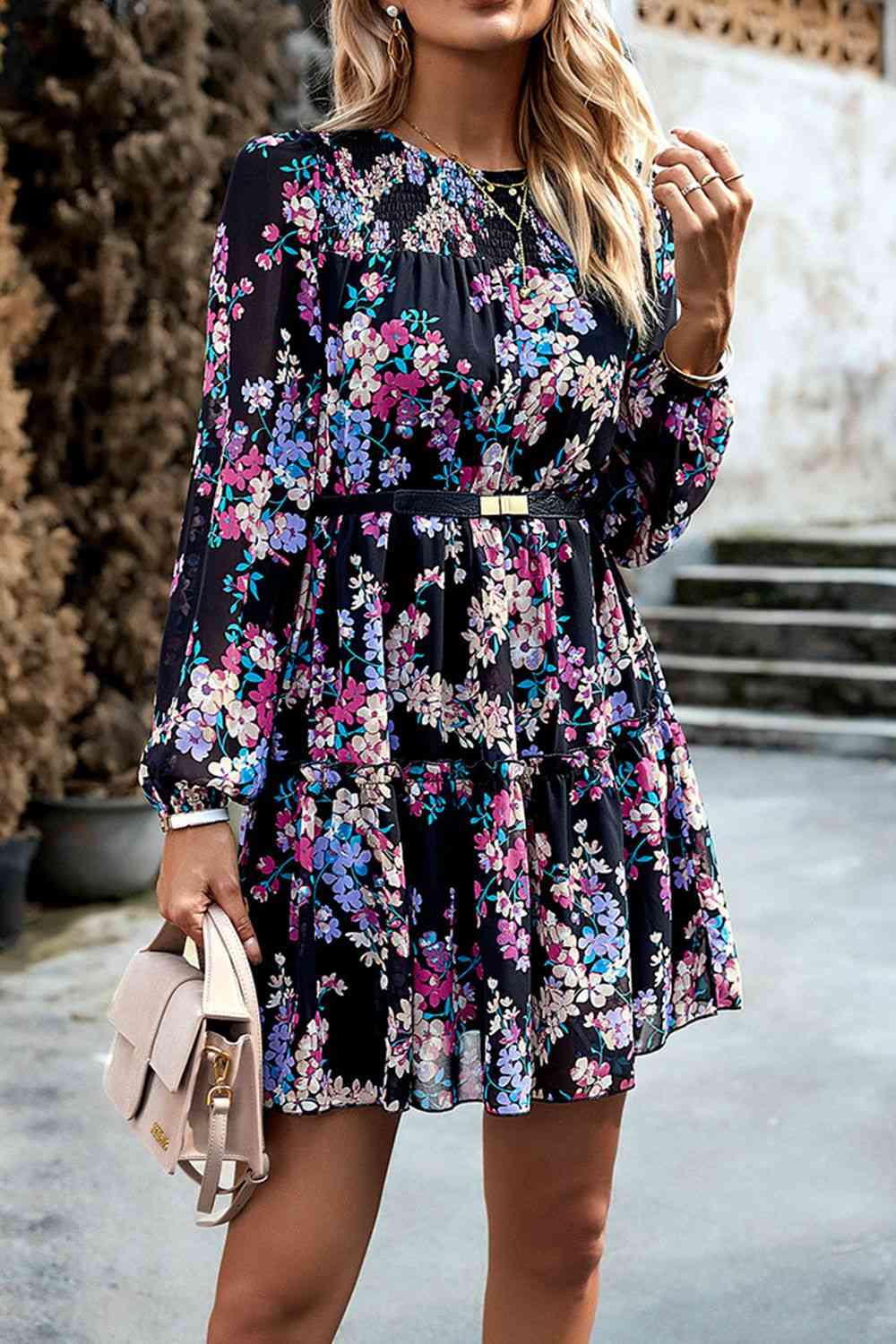 Smocked Floral Print Long Sleeve Mini Dress - TRENDMELO
