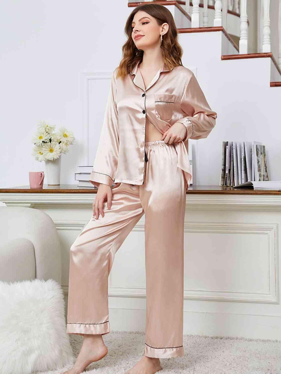 Lapel Collar Long Sleeve Top and Pants Pajama Set - TRENDMELO