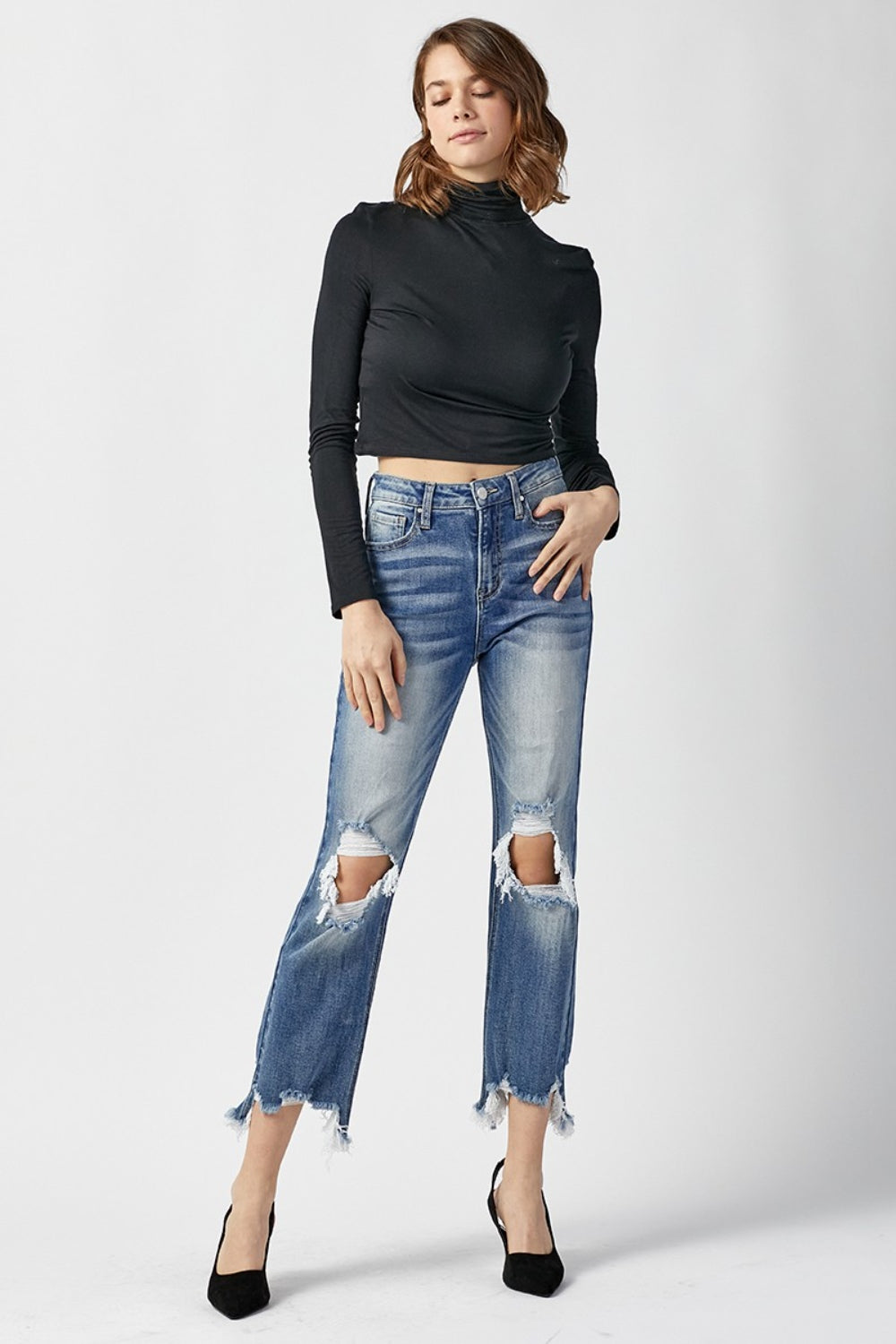 RISEN High Waist Distressed Frayed Hem Cropped Straight Jeans - TRENDMELO