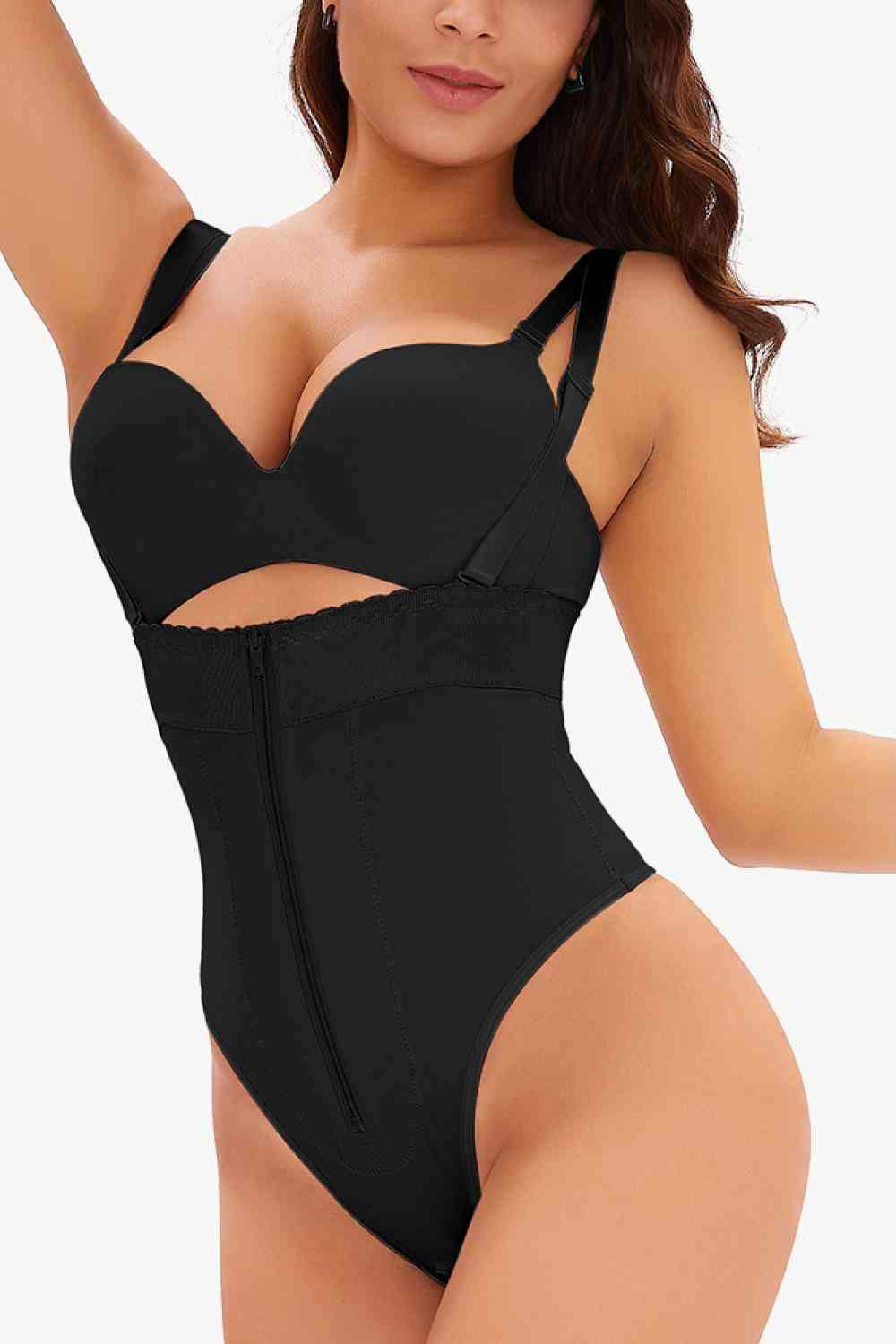 Full Size Adjustable Strap Zip-Up Shaping Bodysuit - TRENDMELO