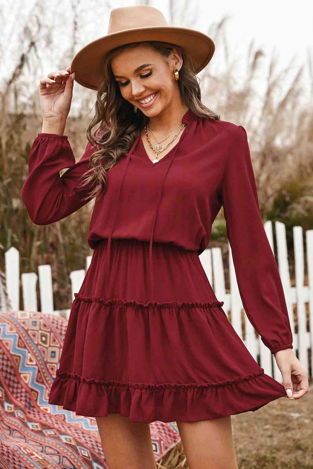 Tied Frill Trim Puff Sleeve Mini Dress - TRENDMELO