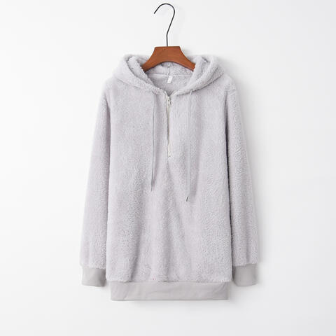 Full Size Quarter-Zip Drawstring Teddy Hoodie - TRENDMELO