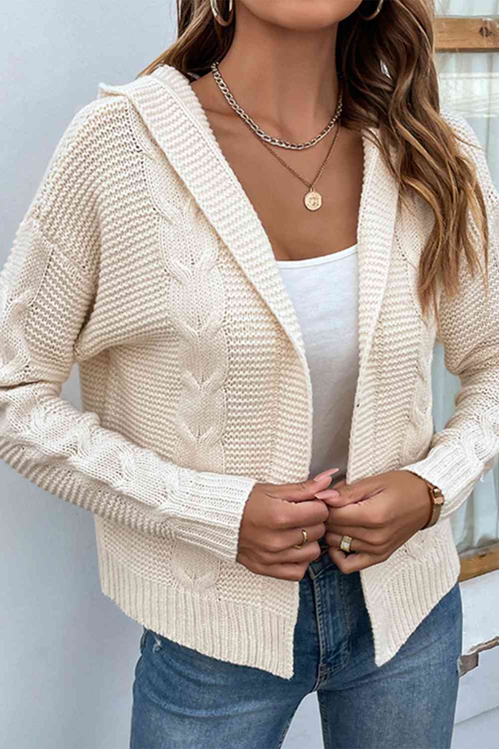 Cable-Knit Dropped Shoulder Hooded Cardigan - TRENDMELO