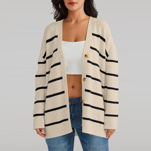 Striped V-Neck Long Sleeve Cardigan - TRENDMELO