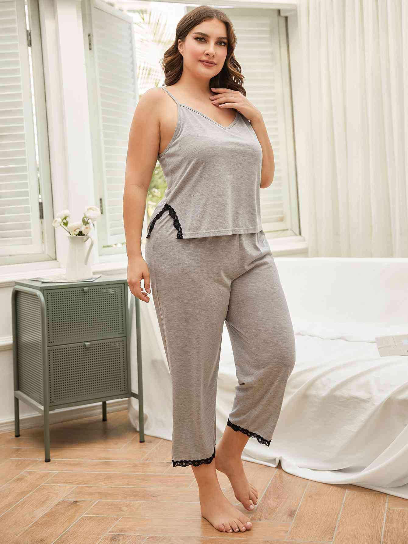 Plus Size Lace Trim Slit Cami and Pants Pajama Set - TRENDMELO