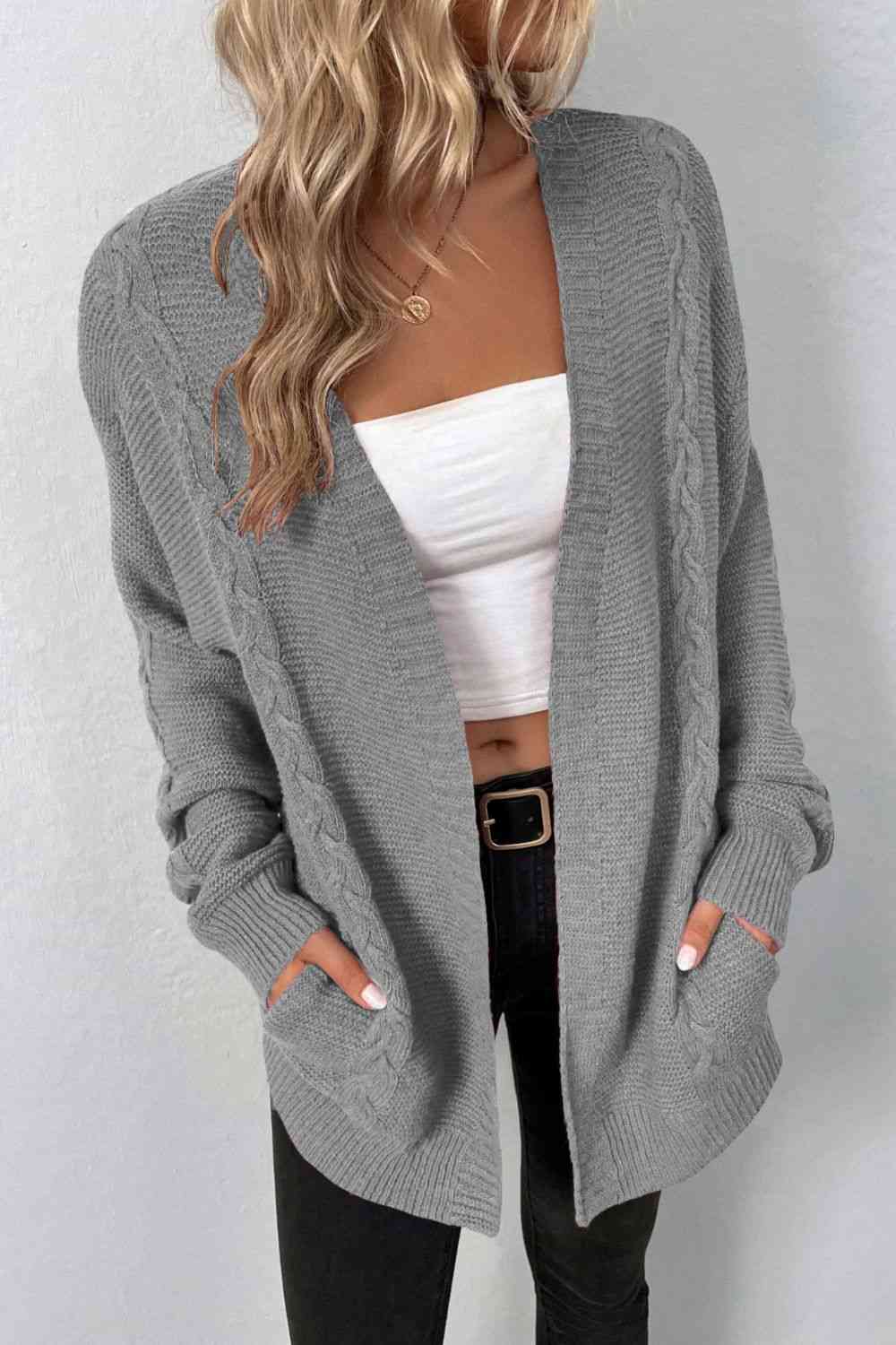 Cable-Knit Open Front Cardigan with Pockets - TRENDMELO