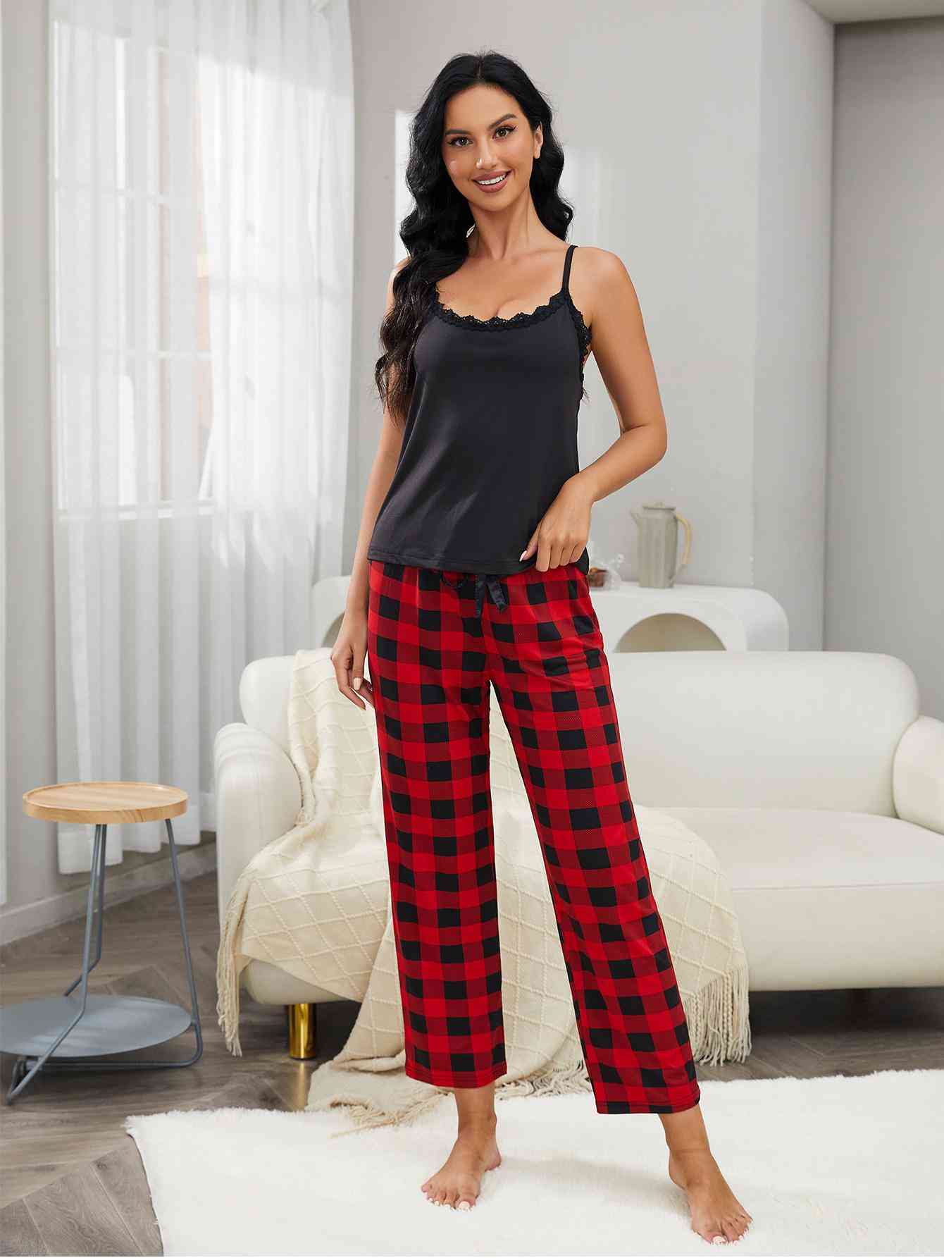 Lace Trim Cami and Plaid Pants Lounge Set - TRENDMELO