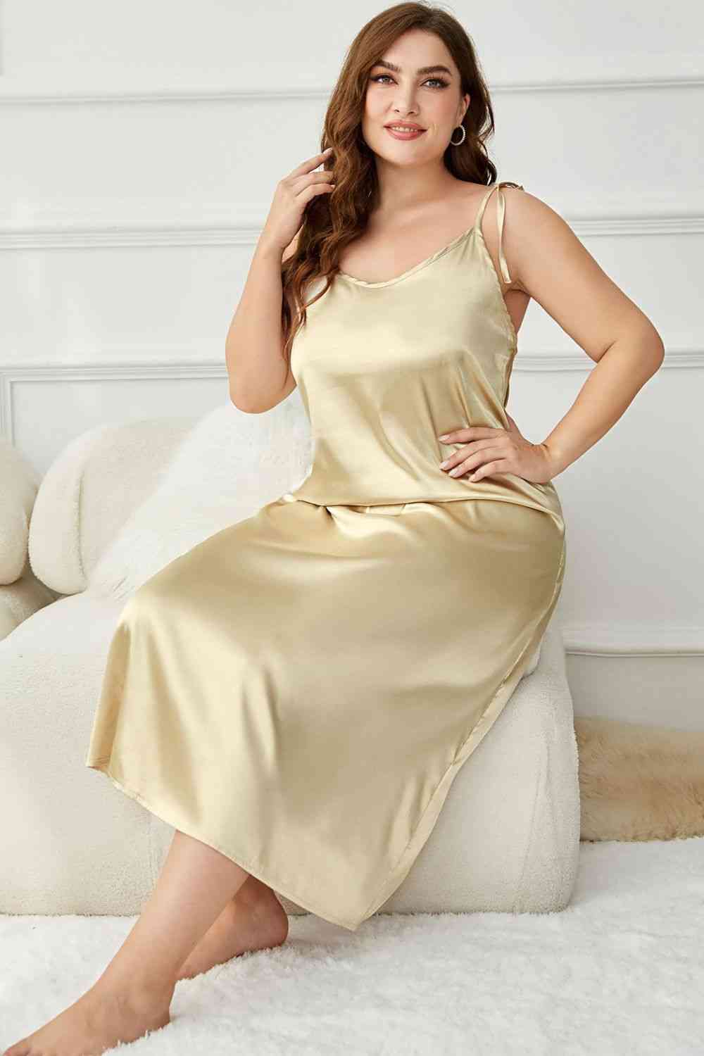 Plus Size Tie-Shoulder Midi Night Dress - TRENDMELO