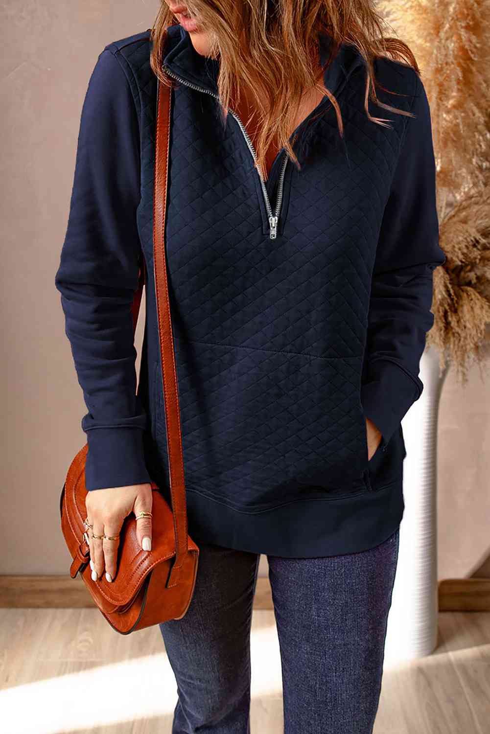 Quarter-Zip Quilted Sweatshirt with Kangaroo Pocket - TRENDMELO