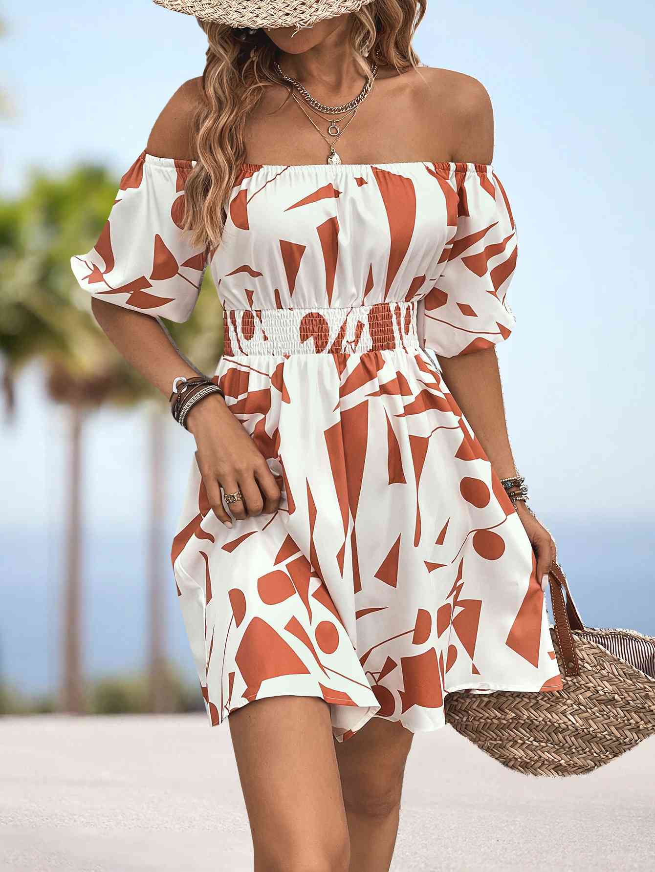 Printed Off-Shoulder Smocked Waist Dress - TRENDMELO