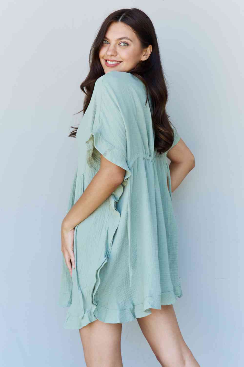 Ninexis Out Of Time Full Size Ruffle Hem Dress with Drawstring Waistband in Light Sage - TRENDMELO