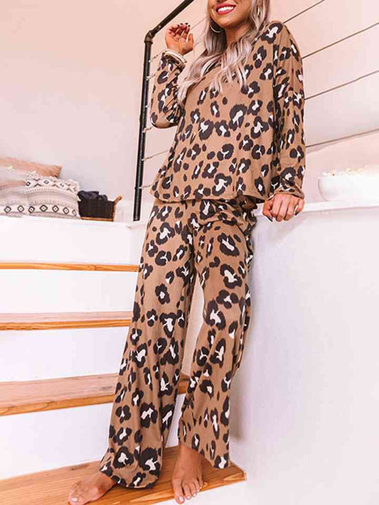 Leopard Long Sleeve Top and Pants Lounge Set - TRENDMELO