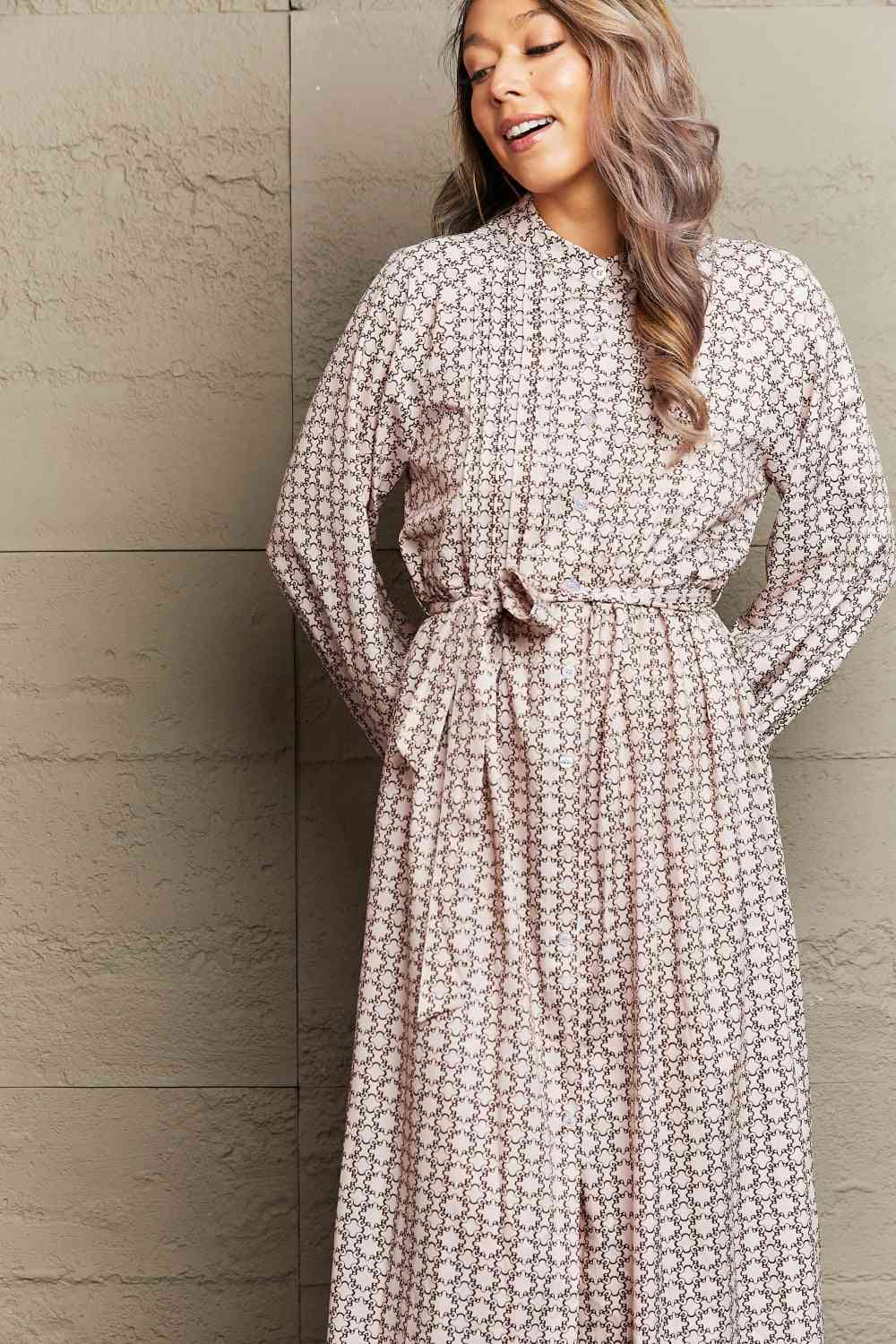 Printed Tie Waist Long Sleeve Dress - TRENDMELO