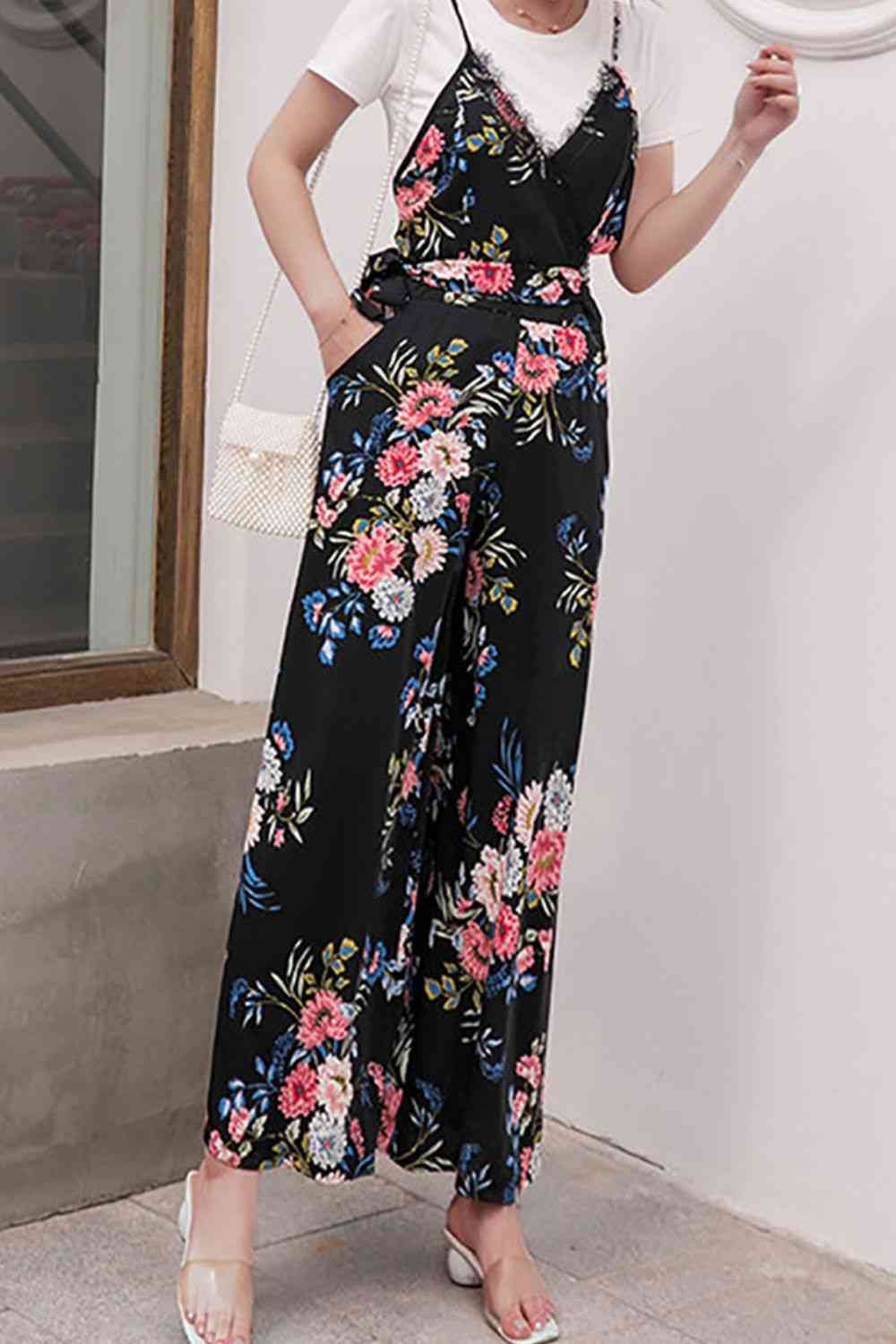 Floral Spaghetti Strap Wide Leg Jumpsuit with Pockets - TRENDMELO