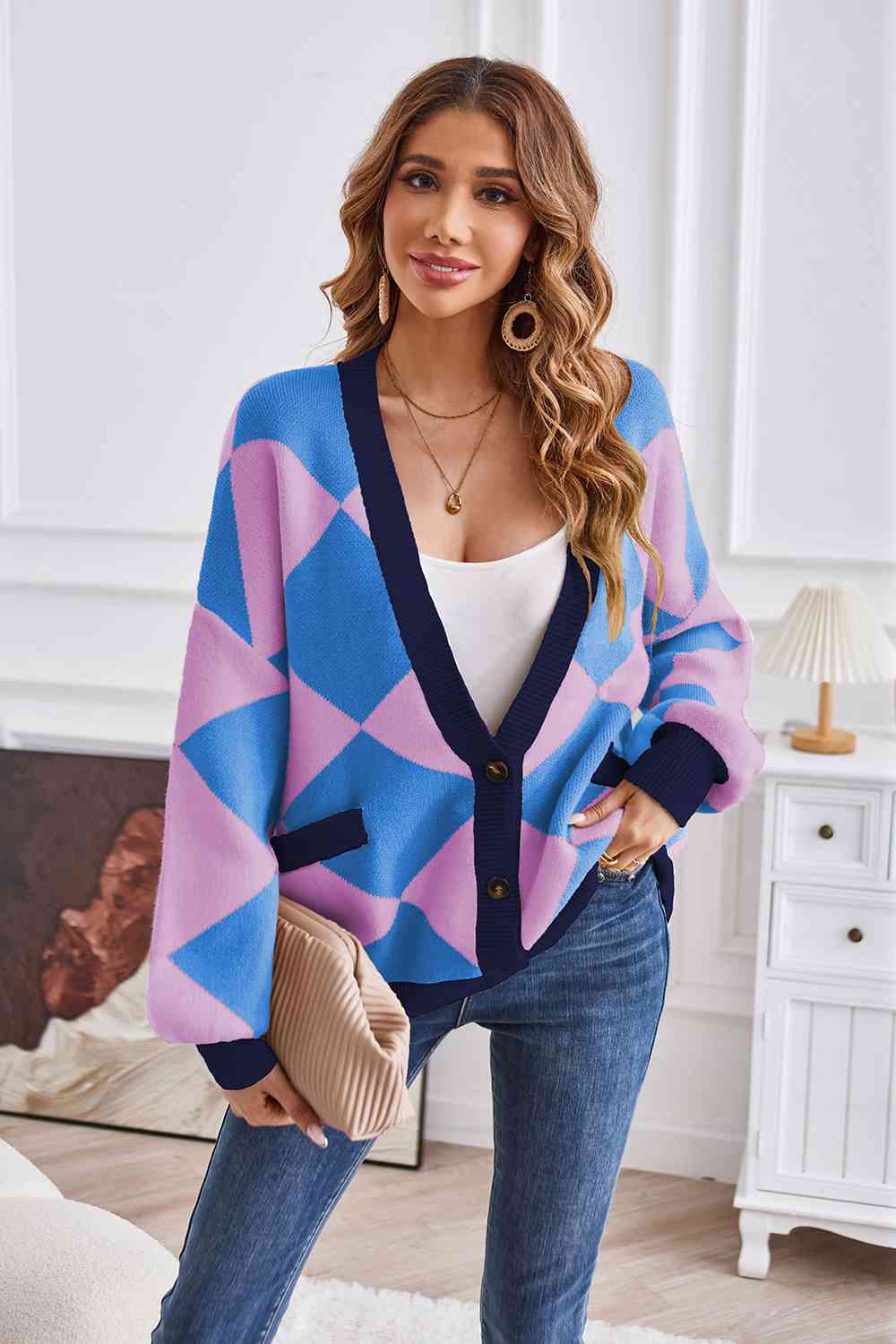 Geometric Lantern Sleeve Cardigan with Pockets - TRENDMELO