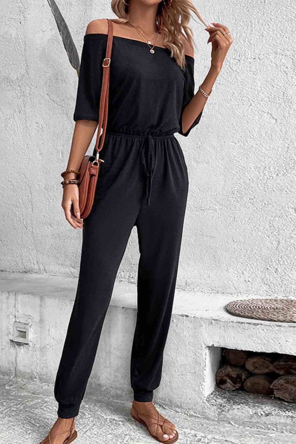 Off-Shoulder Jumpsuit with Pockets - TRENDMELO