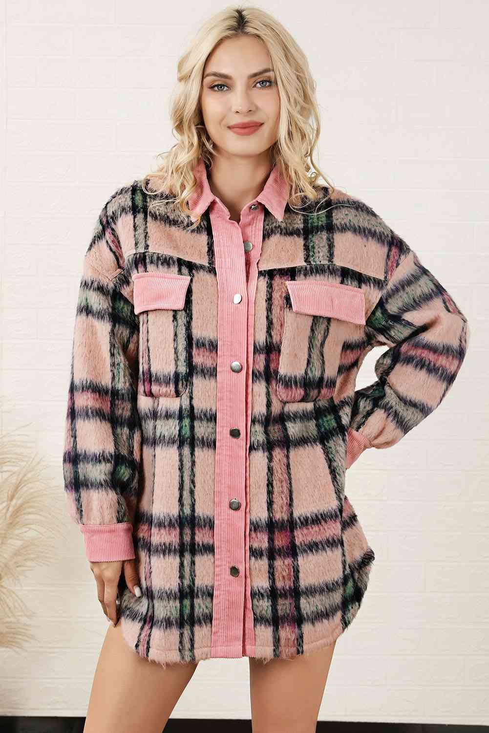 Plaid Button Down Drop Shoulder Jacket - TRENDMELO