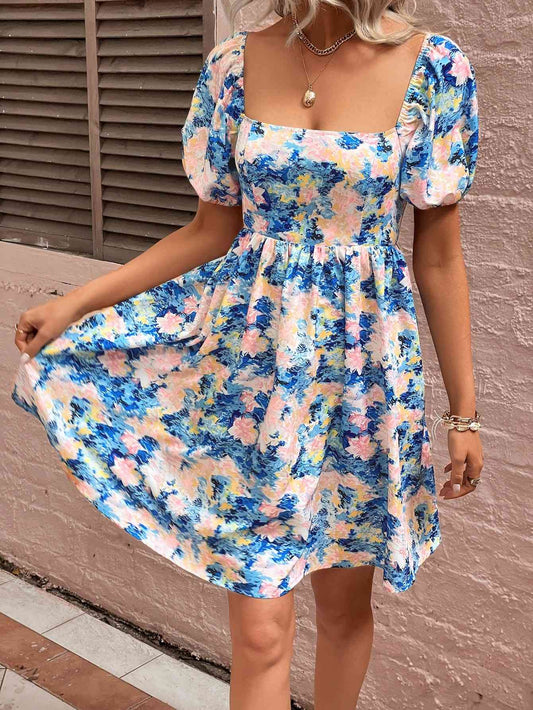 Floral Square Neck Puff Sleeve Dress - TRENDMELO