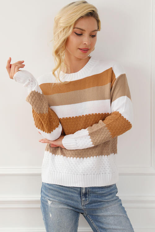 Striped Round Neck Long Sleeve Knit Top - TRENDMELO