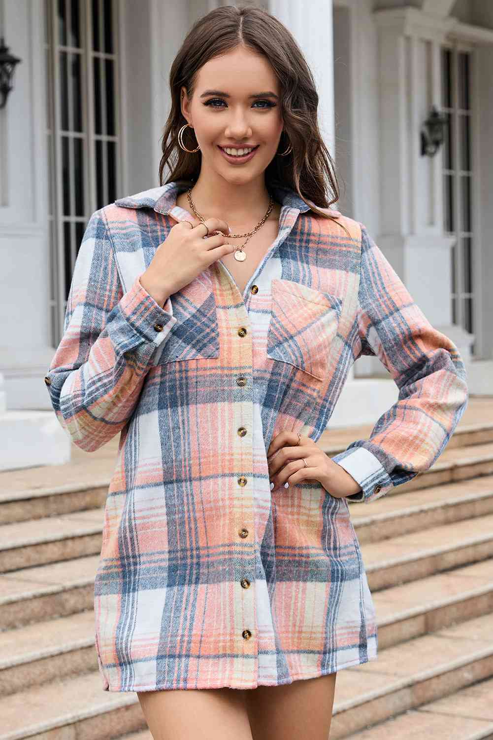 Collared Neck Long Sleeve Plaid Pocketed Shirt - TRENDMELO