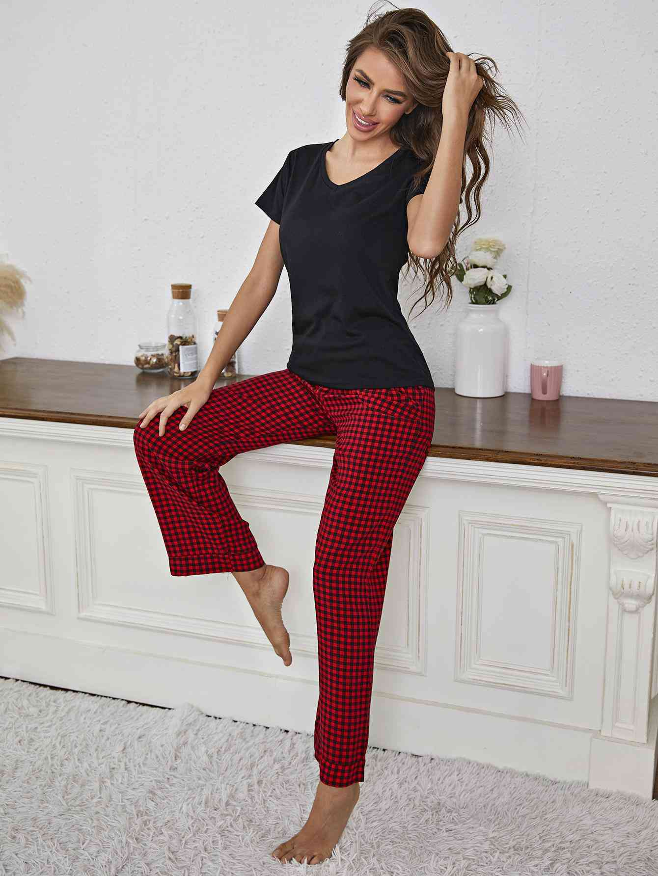 V-Neck Top and Gingham Pants Lounge Set - TRENDMELO