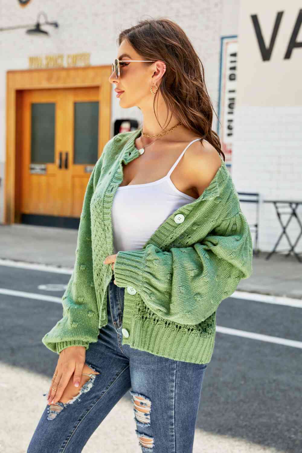 Woven Right Openwork Pompom Puff Sleeve Cardigan - TRENDMELO