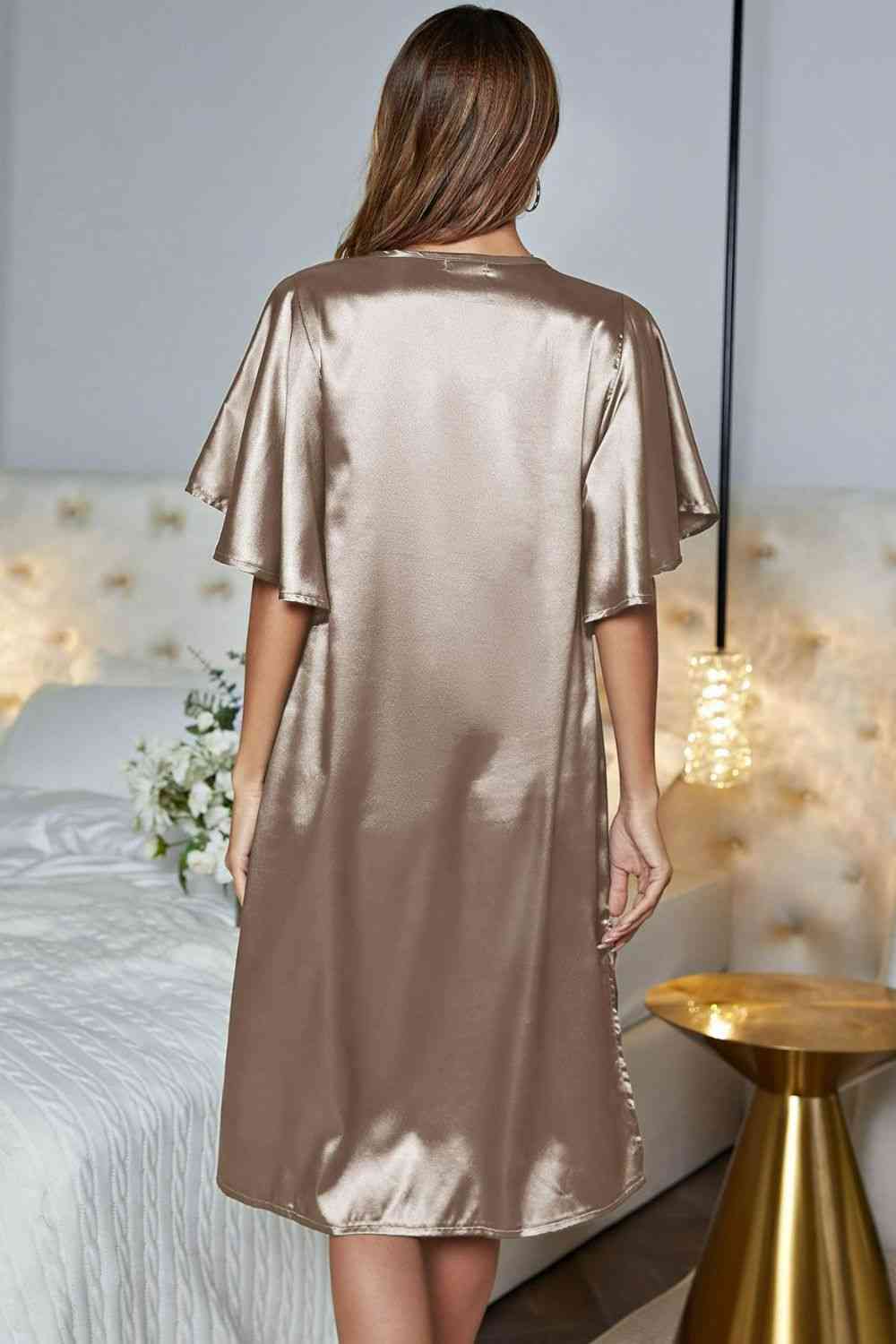 Satin Flutter Sleeve Side Slit V-Neck Night Dress - TRENDMELO