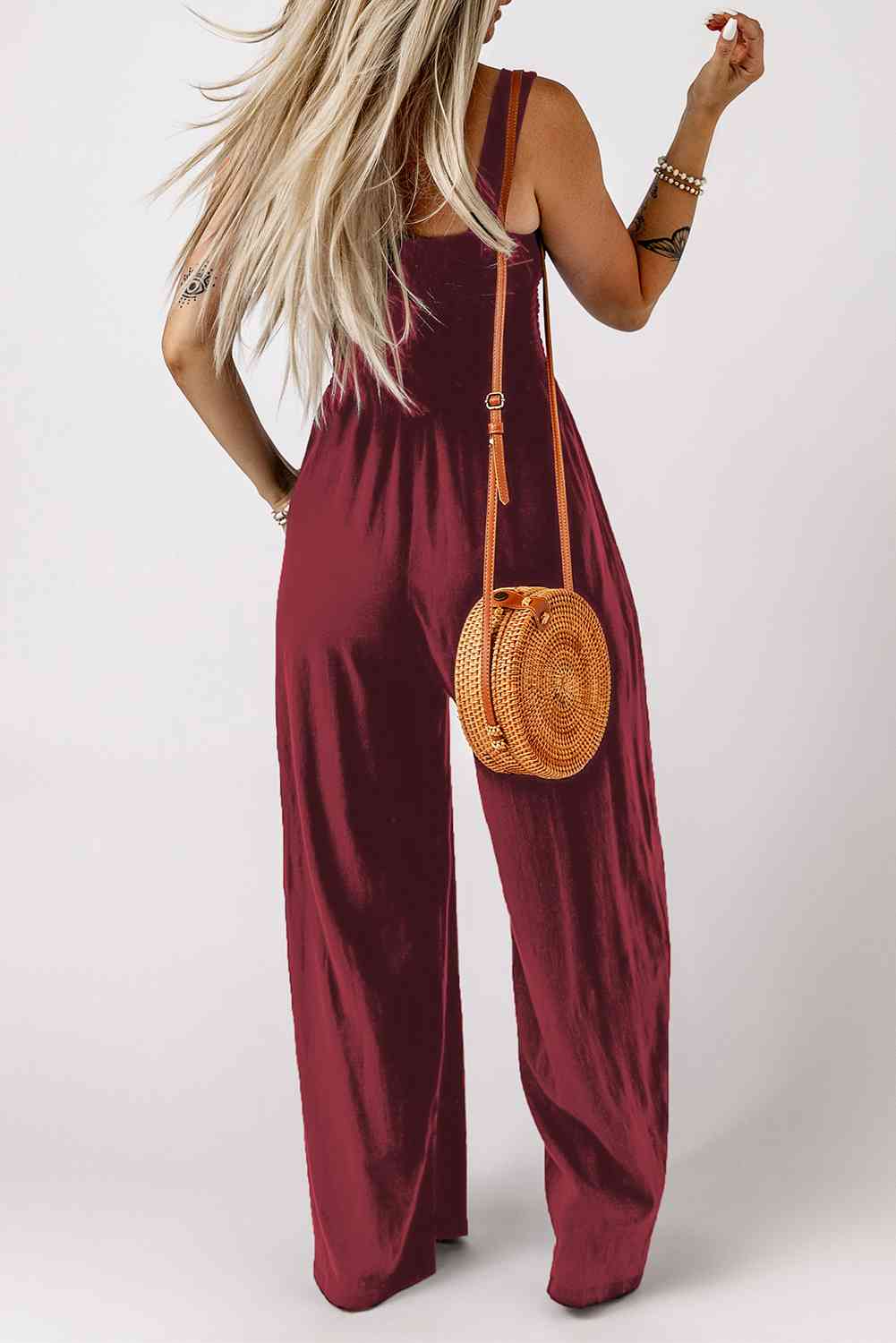 Smocked Square Neck Wide Leg Jumpsuit with Pockets - TRENDMELO