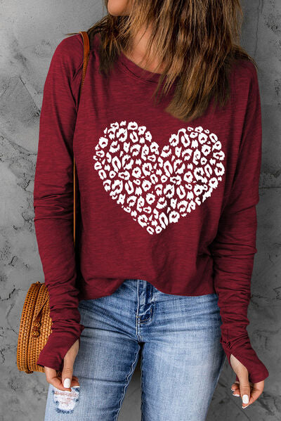 Heart Graphic Round Neck Long Sleeve T-Shirt - TRENDMELO