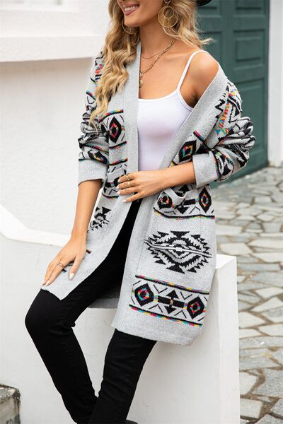 Pocketed Geometric Open Front Dropped Shoulder Cardigan - TRENDMELO