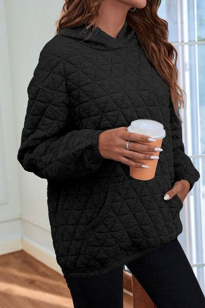 Quilted Long Sleeve Hoodie with Pocket - TRENDMELO