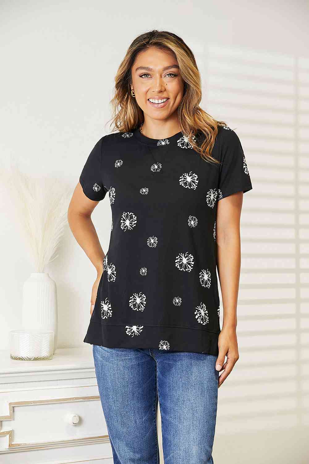 Double Take Dandelion Print Round Neck T-Shirt - TRENDMELO