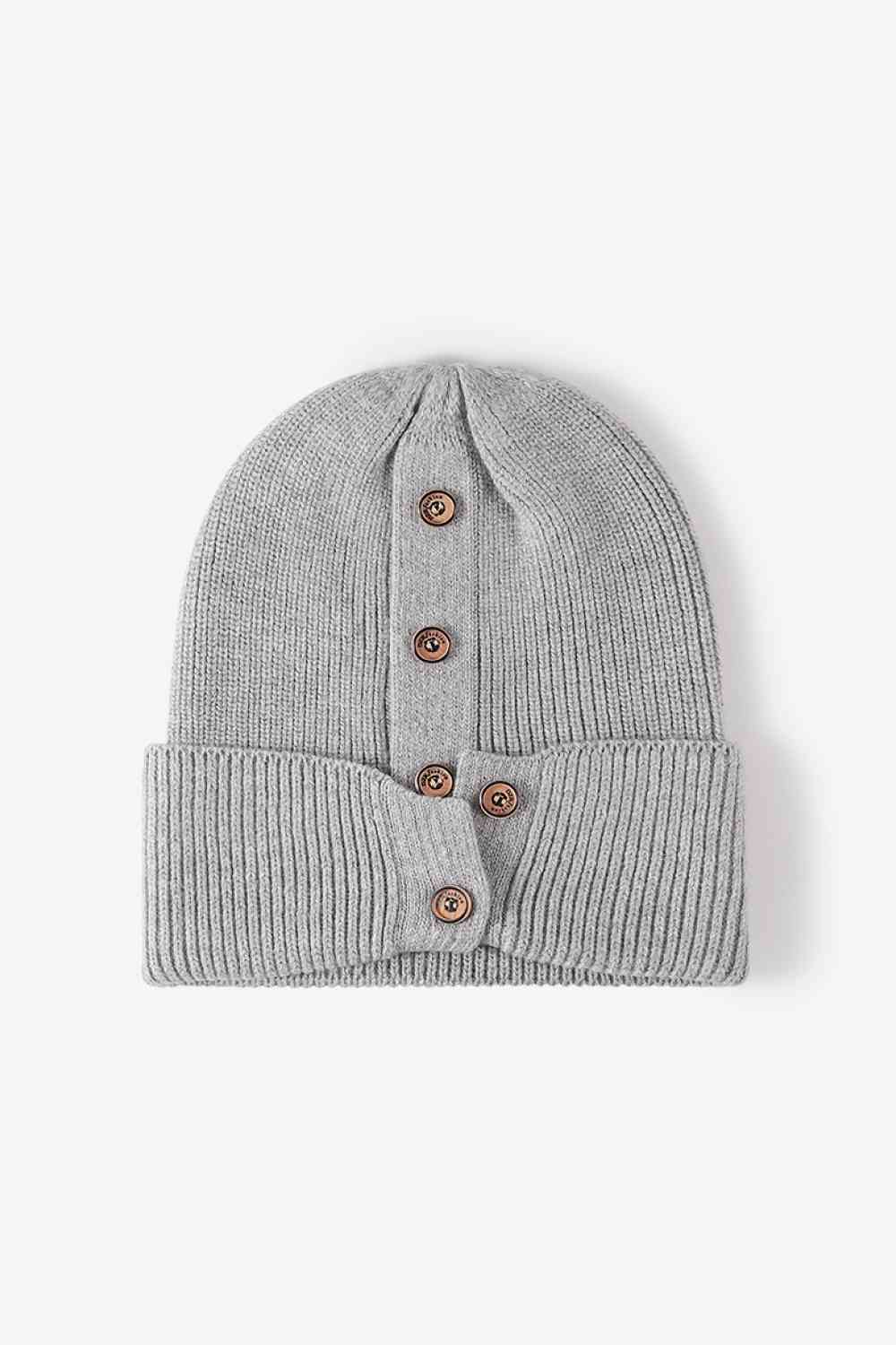 Button Detail Rib-Knit Cuff Beanie - TRENDMELO