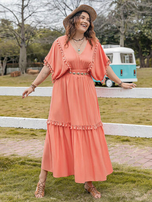 Plus Size Tassel Trim V-Neck Short Sleeve Ruffle Hem Dress - TRENDMELO