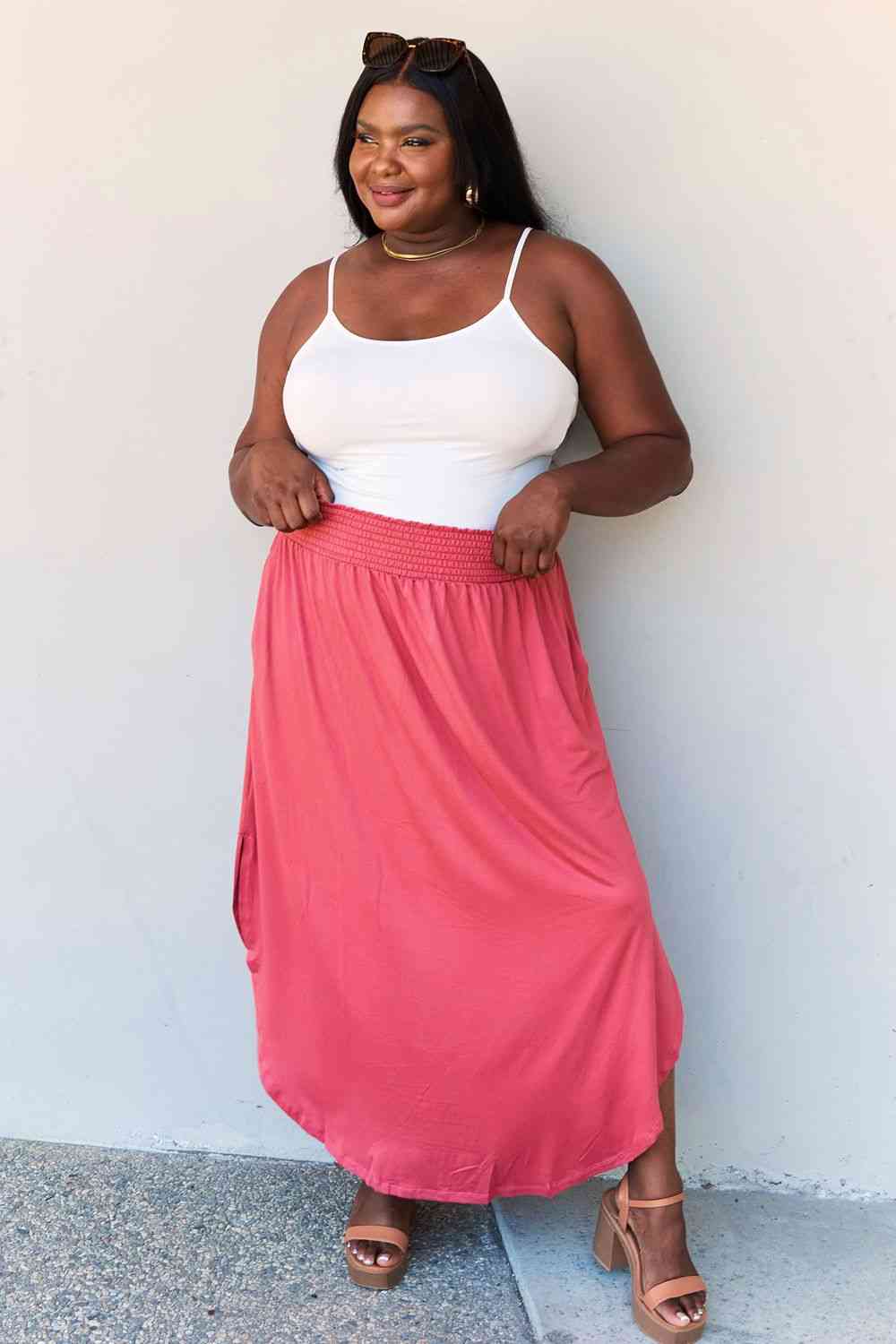 Doublju Comfort Princess Full Size High Waist Scoop Hem Maxi Skirt in Hot Pink - TRENDMELO