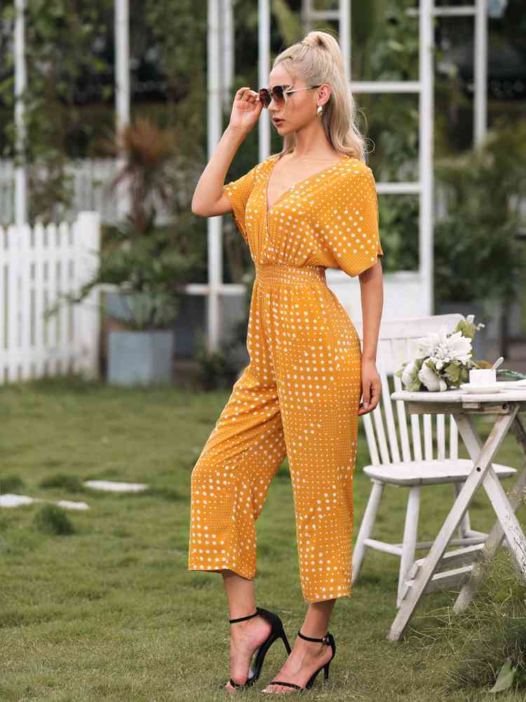 Polka Dot Surplice Neck Jumpsuit with Pockets - TRENDMELO