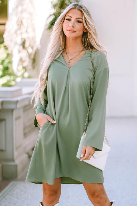Notched Long Sleeve Dress with Pockets - TRENDMELO
