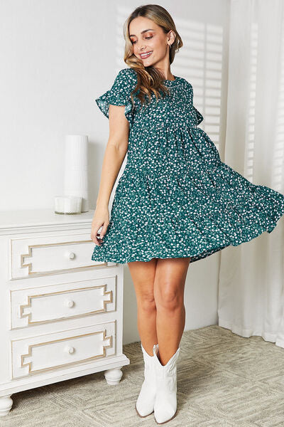 Double Take Short Flounce Sleeve Tiered Dress - TRENDMELO