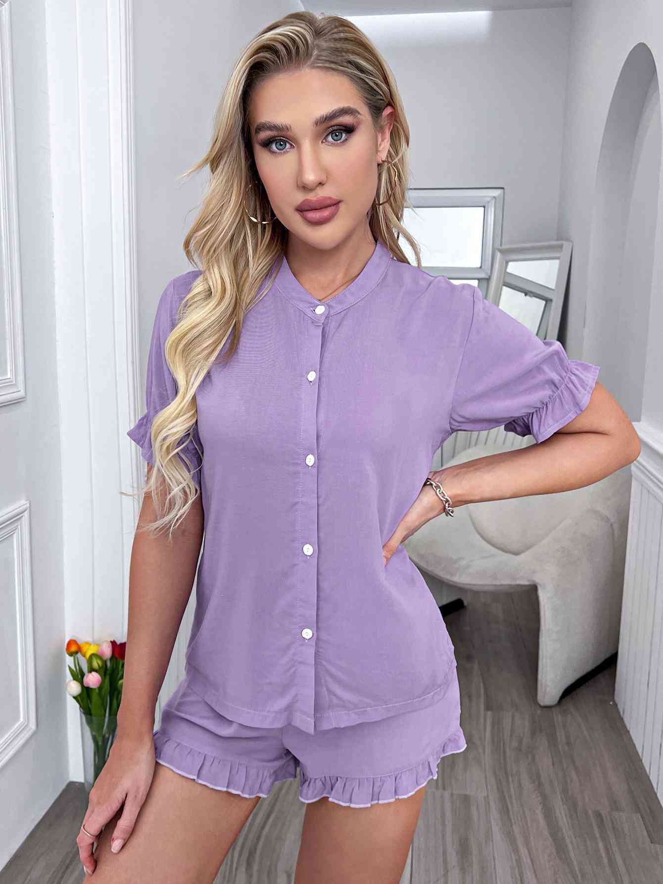 Flounce Sleeve Shirt and Frill Trim Shorts Lounge Set - TRENDMELO