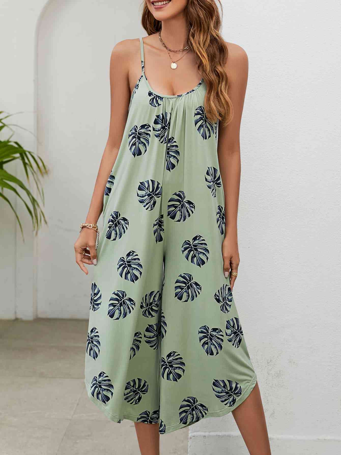 Botanical Print Spaghetti Strap Scoop Neck Jumpsuit - TRENDMELO