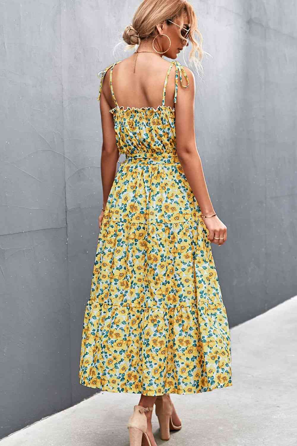 Floral Tie-Shoulder Belted Dress - TRENDMELO