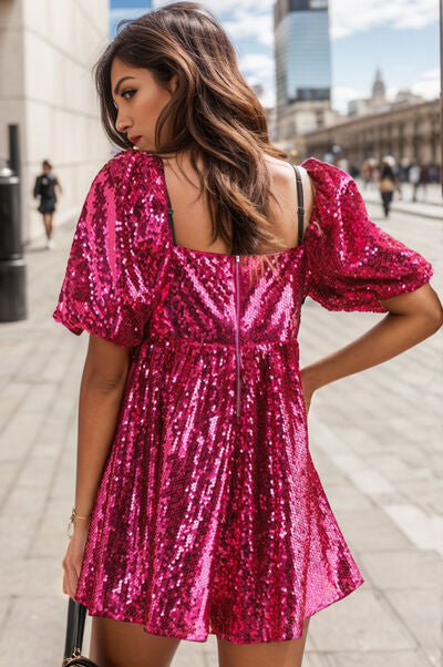 Sequin Square Neck Balloon Sleeve Romper - TRENDMELO