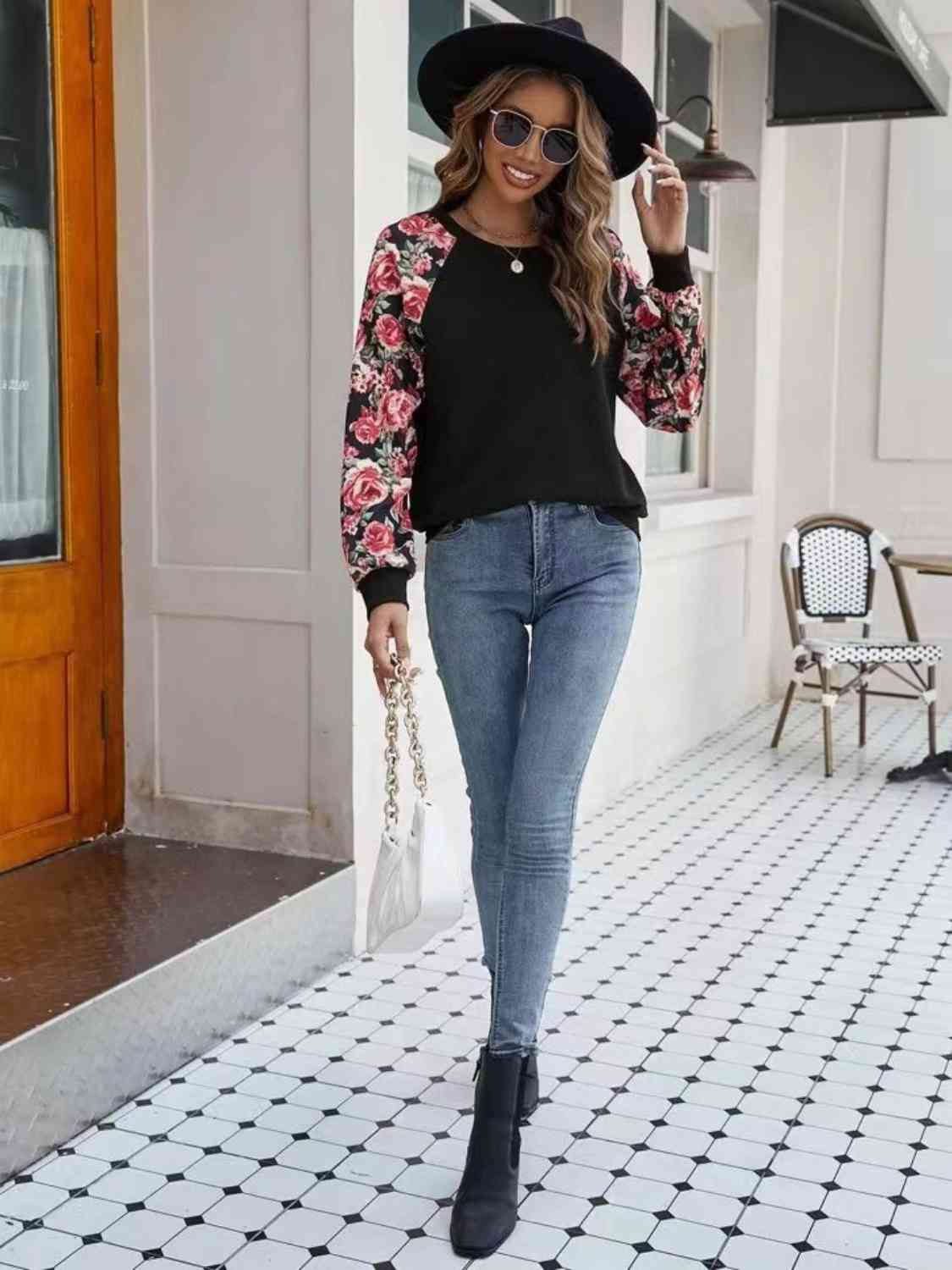 Floral Raglan Sleeve Round Neck Sweatshirt - TRENDMELO