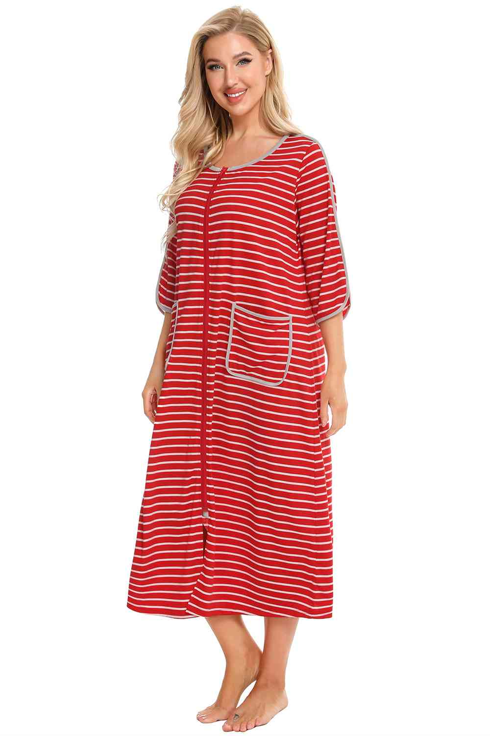 Round Neck Three-Quarter Sleeve Midi Night Dress - TRENDMELO