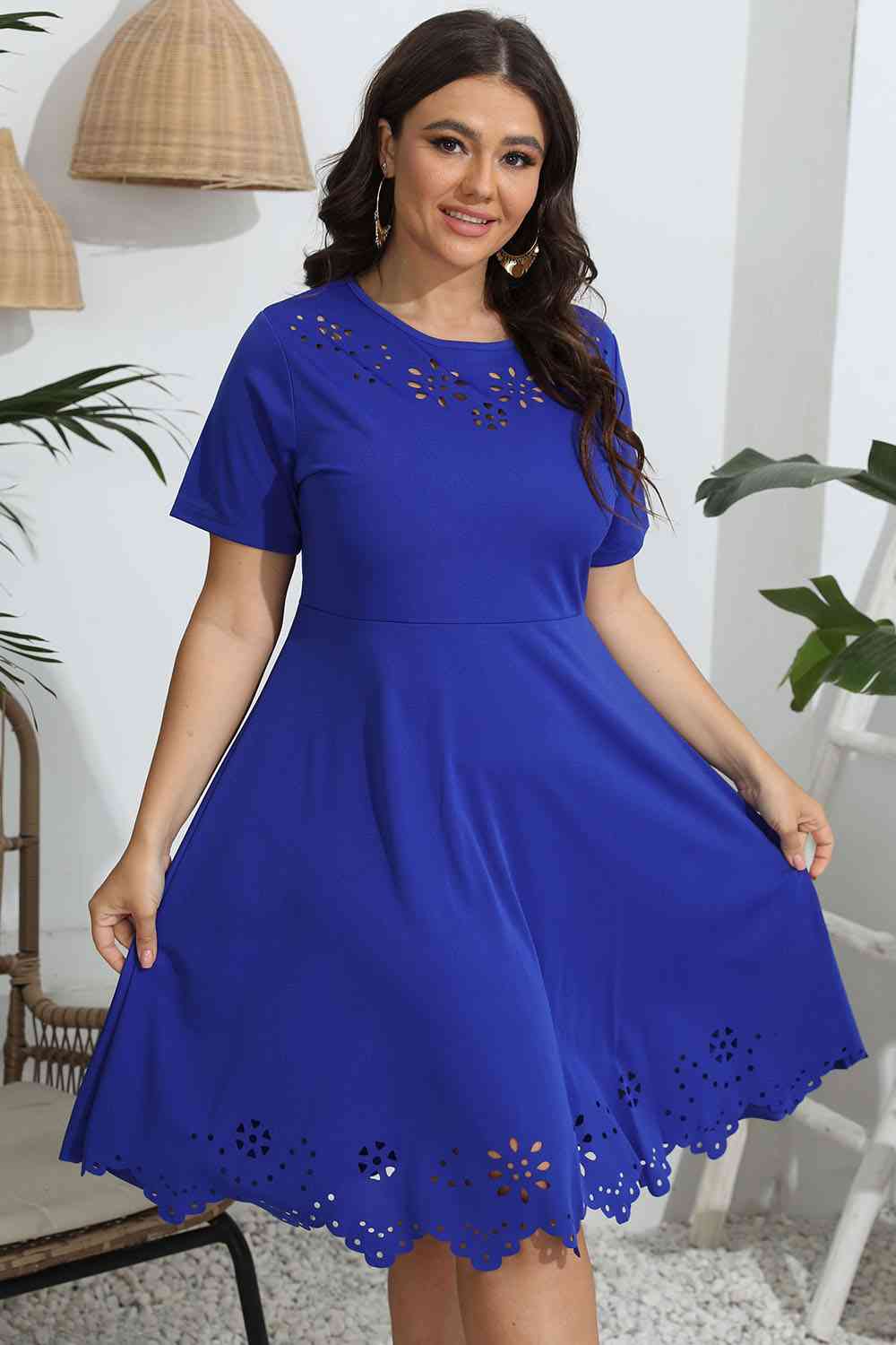 Plus Size Round Neck Openwork Dress - TRENDMELO