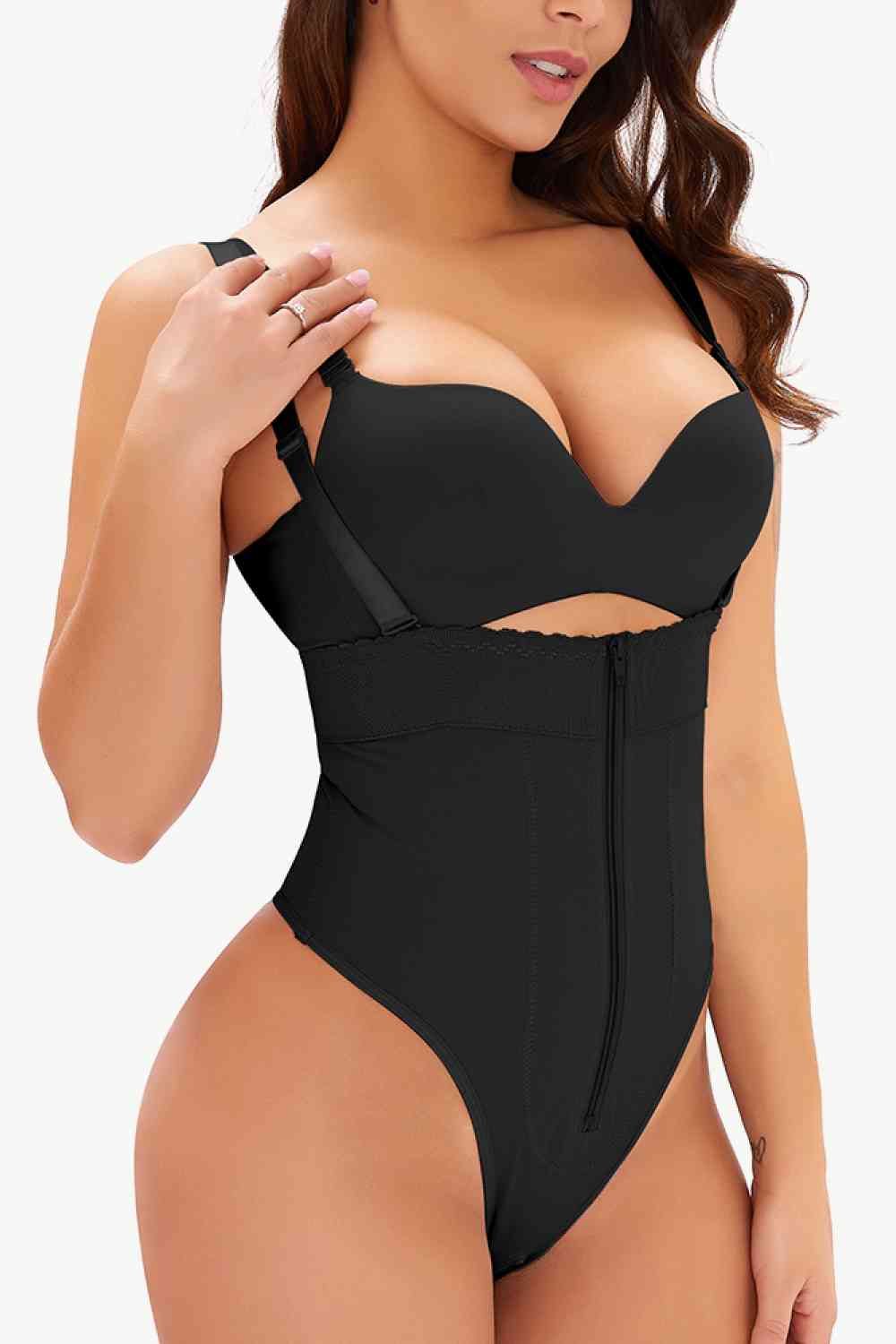 Full Size Adjustable Strap Zip-Up Shaping Bodysuit - TRENDMELO